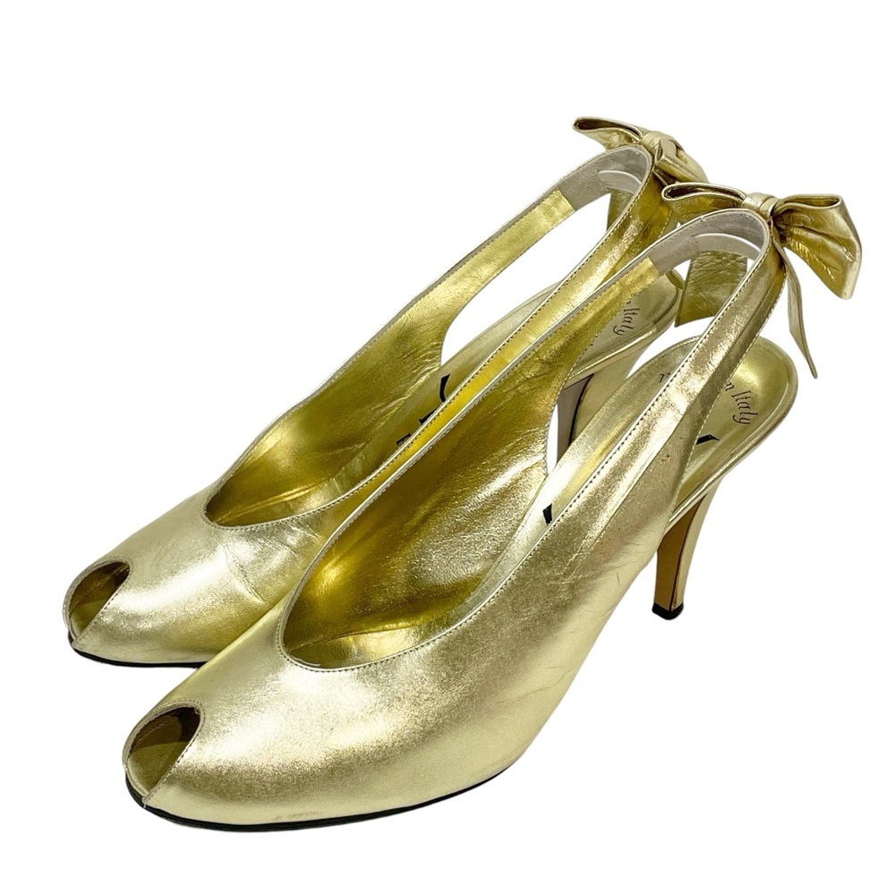 YSL Yves St Laurent Size 8.5 Metallic‎ Gold Peep Toe Sling Bow Back Pump Heels